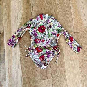 Zimmermann Floral Long-Sleeve Rashguard Swimsuit - Pink, Red & Green